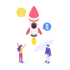 Modern design concept of Startup project. Successful rocket launch. Landing page template, web banner, infographics. Isometric vector illustration.
