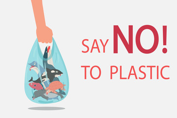 vector illustration of hands holding a plastic bag with marine life. concept of environment pollution.