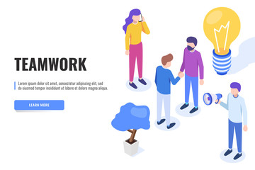 Teamwork concept. Users work together. Web banner, infographics. Isometric vector illustration.