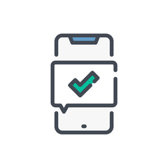 Mobile phone with sms confirmation color line icon. Smartphone with check mark vector outline colorful sign.