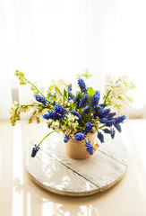 Bunch of grape hyacinths in a ceramic vase