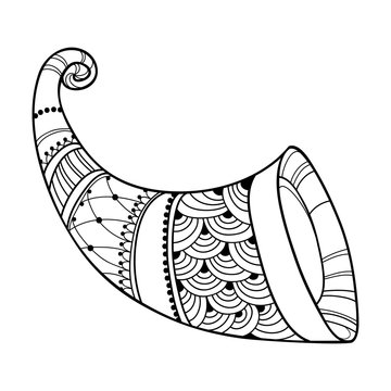 Outline empty thanksgiving Cornucopia or Horn of plenty in black isolated on white background. 