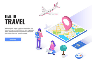 Time to travel concept. User with a backpack. Web banner, infographics. Isometric vector illustration.