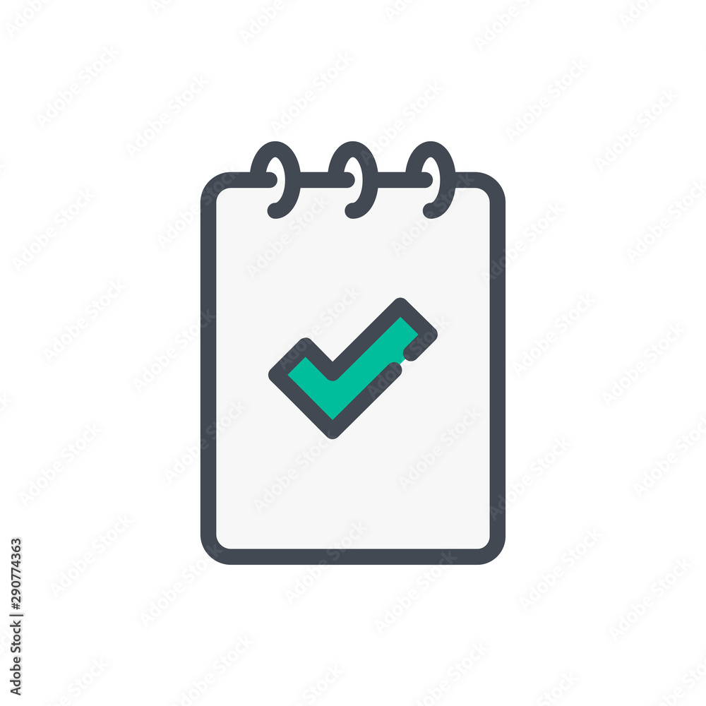 Poster notebook with check mark color line icon. approved information vector outline colorful sign.