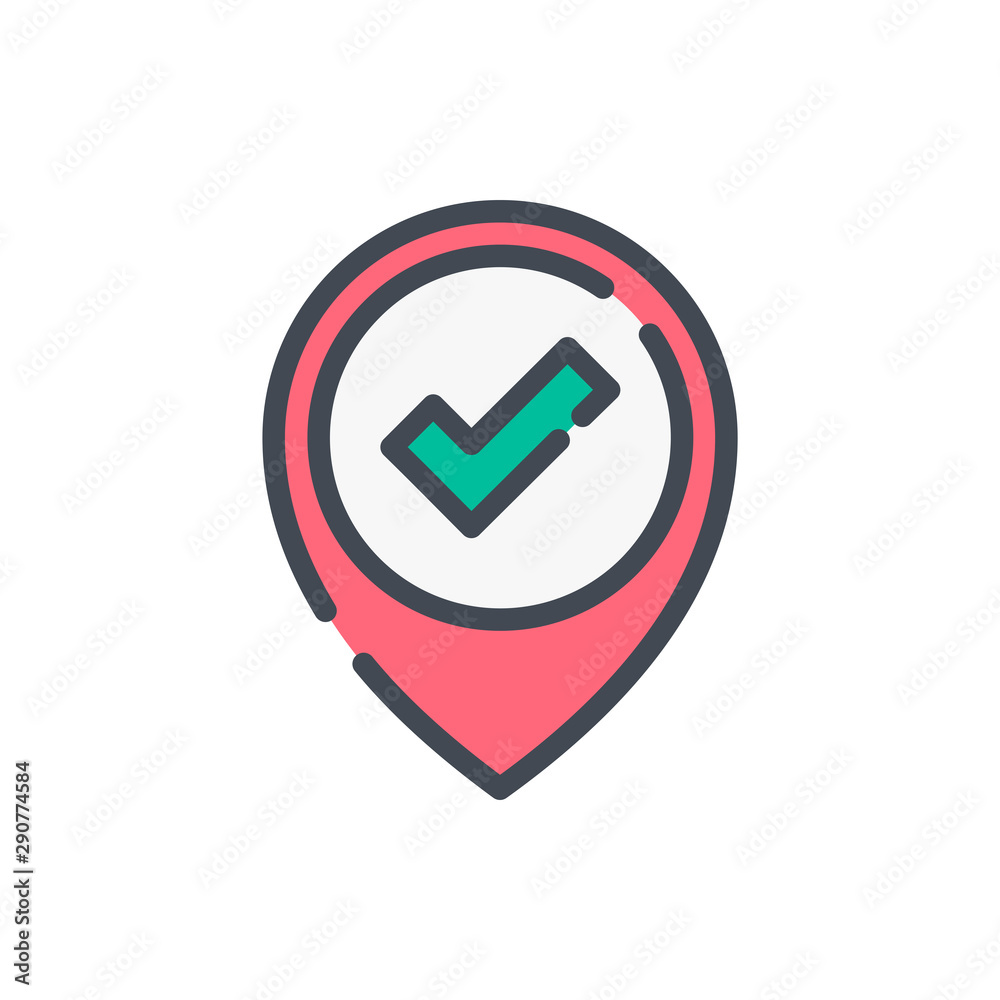 Poster map pointer with check mark color line icon. confirmed location vector outline colorful sign.
