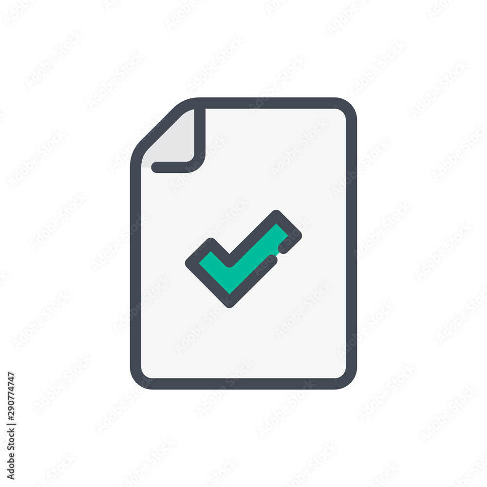 Poster verification color line icon. paper document with check mark confirmation vector outline colorful si