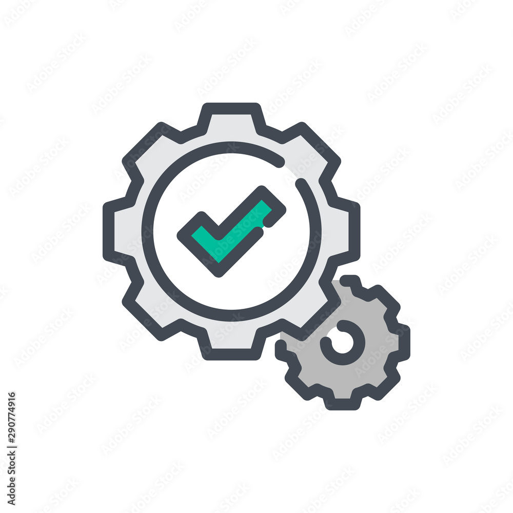 Poster changes confirmed color line icon. setting gears with check mark vector outline colorful sign.