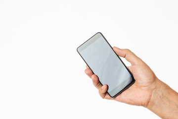 hand holding a mobile phone isolated on white background