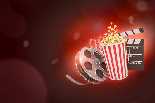 3d rendering of retro film reel, pop corn bucket and clapperboard on crimson bokeh background with copy space.