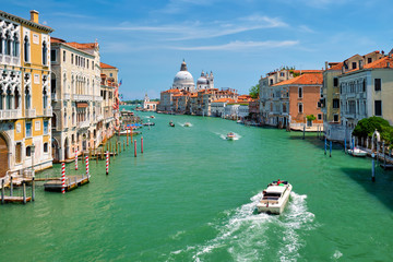 View of Venice Grand Canal and Santa Maria della Salute church on sunset