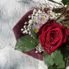 One blooming red rose with green leaves, grasses, Chrysanthemum Santini and gypsophila in a violet sleeve placed on a stony background.