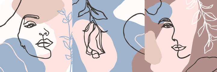 Satz von Woman& 39 s Face Continuous Line Art. Abstrakt Zeitgenössische Collage aus geometrischen Formen. Vektor-Portrait © Sini4ka