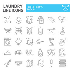Fototapeta premium Laundry thin line icon set, washing symbols collection, vector sketches, logo illustrations, housework signs linear pictograms package isolated on white background.