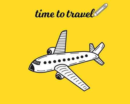 Time travel concept. Airplane. Poster or banner design. Hand drawn sketch. Vector illustration.