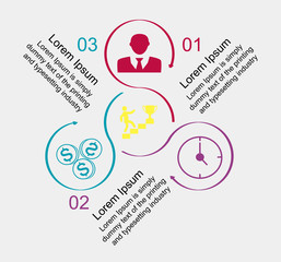 Business data visualization, infographics. Scheme of the process of elements with the help of graphs, diagrams of circles 3D in three stages, icons of numbers, variants, parts. Business vector for pre