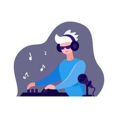 DJ stands and spins mixing console at the night club.