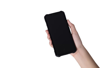 Close up hand holding phone black screen isolate on white background, Free from copy space.