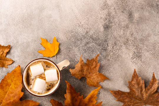 Top view composition with vintage styled cup of coffee with marshmallows and autumn themed decoration, fallen leaves on textured background. Top view, flat lay, copy space.