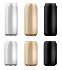 Aluminum can mockup. Beer or soda drink package. Aluminium pack blank mock up, isolated on background. 330 and 500 ml metal tin for cold alcohol or juice beverage. Black, gold and silver design