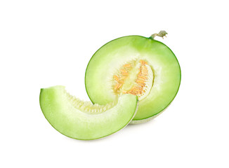 half cut ripe melon with stem on white background
