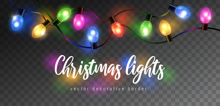 Vector beautiful colorful shining christmas lights garland isolated on dark background - decorative border