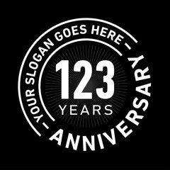 123 years anniversary logo template. One hundred and twenty-three years celebrating logotype. Black and white vector and illustration.