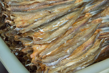 Traditional salted dried fish in Thailand market, seafood background, seafood market ,raw food