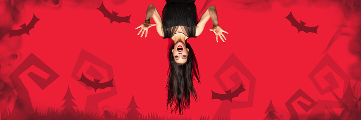 Young brunette woman in black hat on scary red background. Attractive caucasian female model smiling. Halloween sales, black friday, cyber monday, autumn concept. Flyer for your ad. Horror, screams.