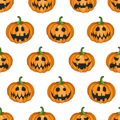 Vector seamless pattern with scary pumpkins for greeting card, gift box, wallpaper, fabric, web design. Isolated on white.