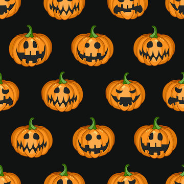 Vector seamless pattern with scary pumpkins on black background for greeting card, gift box, wallpaper, fabric, web design.