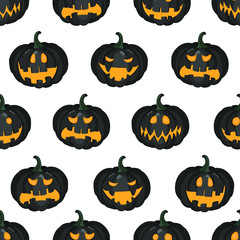 Vector seamless pattern with scary black pumpkins for greeting card, gift box, wallpaper, fabric, web design. Isolated on white.
