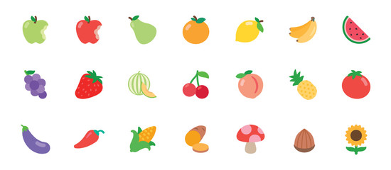 Fruits and Vegetables Vector Illustration Icons Set. Vegetarian Foods. Fresh Organic Food Flat Icons, Emojis, Symbols, Stickers Collection