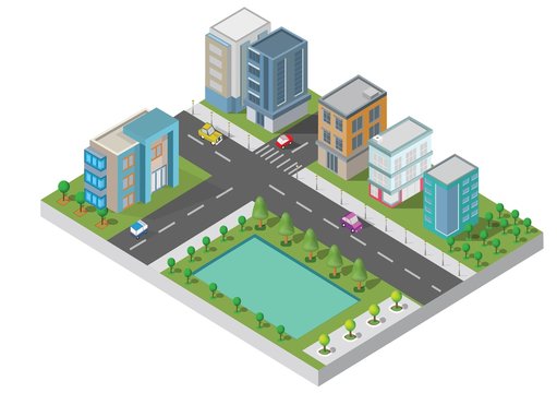 Isometric City Building vector.The town on Yard with road and trees.Bridge over the river.smart city and public park.building 3d,cars,capital,Vector office and metropolis concept.