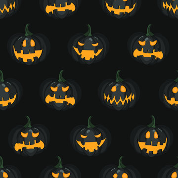 Vector seamless pattern with scary black pumpkins on black background for greeting card, gift box, wallpaper, fabric, web design.
