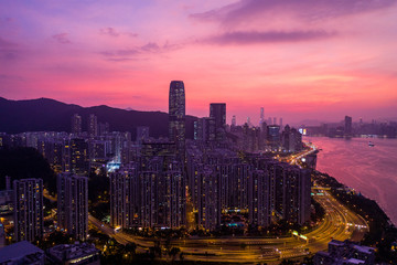 Aerial view of Hong Kong city at night