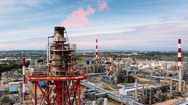 Hazardous smoke pollution emissions from Gdansk Poland oil refinery, drone shot