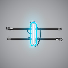 Realistic glowing double neon charcter on and off from a fontset, vector illustration