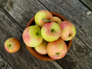 Apples. Bunch of freshly picked green apples with red stripes packed into wooden bowl on old rustic wood background. Close up, selective focus.