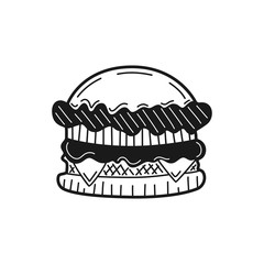 Hand drawn burger isolated on a white. Great for menu, poster or label. Vector illustration.