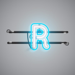 Realistic glowing double neon charcter on and off from a fontset, vector illustration