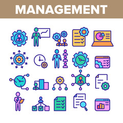 Fototapeta premium Management Collection Elements Icons Set Vector Thin Line. Business Planning And Presentation, Management Staff And Project Concept Linear Pictograms. Color Contour Illustrations