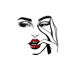 woman face looking left with finger in the mouth