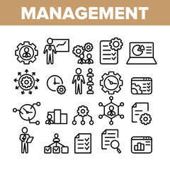 Management Collection Elements Icons Set Vector Thin Line. Business Planning And Presentation, Management Staff And Project Concept Linear Pictograms. Monochrome Contour Illustrations