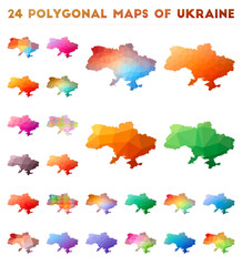 Set of vector polygonal maps of Ukraine. Bright gradient map of country in low poly style. Multicolored Ukraine map in geometric style for your infographics.