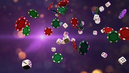 3D Illustration of difference casino chips and dices. Falling on colorful background.
