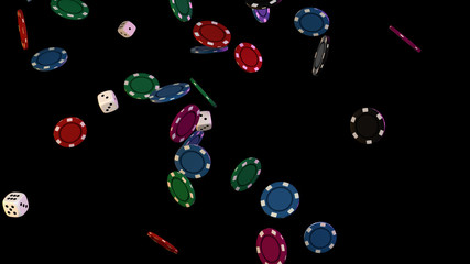 3D Illustration of difference casino chips and dices. Falling on black background.
