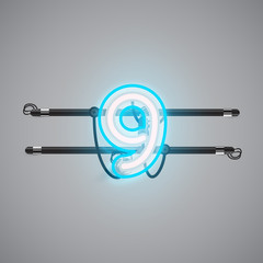 Realistic glowing double neon charcter on and off from a fontset, vector illustration