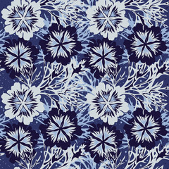 Hand drawn floral winter seamless pattern. Frost patterns. Floral seamless pattern with blue frosty flowers. Vector winter holiday illustration. Winter seamless pattern in blue colors