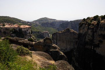 Landscape with monasteries and rock formations in Meteora, Greece.