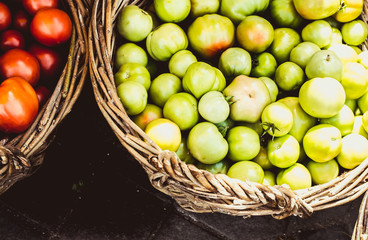 vegetables and fruit in a wicker basket at market